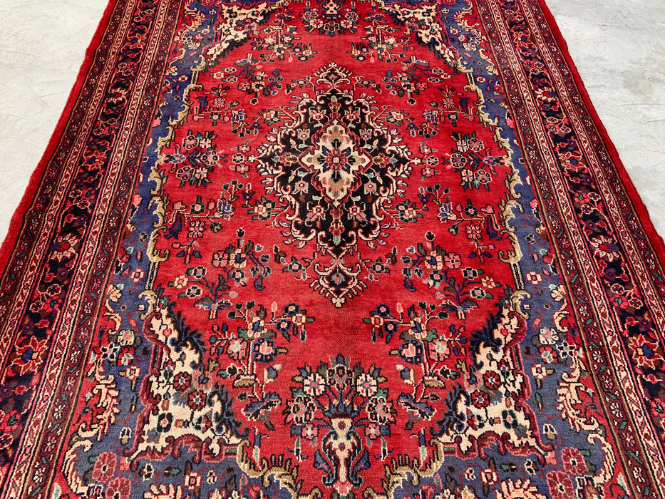 Handgemaakt Perzisch wollen vloerkleed 7x10 - Rood, blauw & ivoorkleurig Perzisch tapijt met bloemenmedaillon - Exacte afmetingen 10'1" x 6'8" - KBHM-821