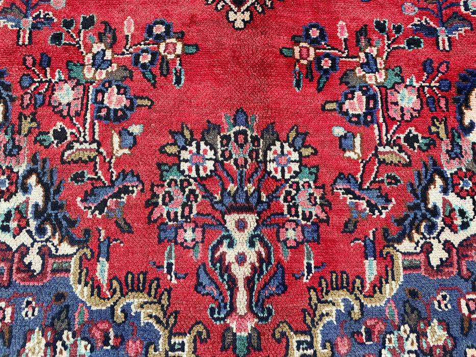 Handgemaakt Perzisch wollen vloerkleed 7x10 - Rood, blauw & ivoorkleurig Perzisch tapijt met bloemenmedaillon - Exacte afmetingen 10'1" x 6'8" - KBHM-821