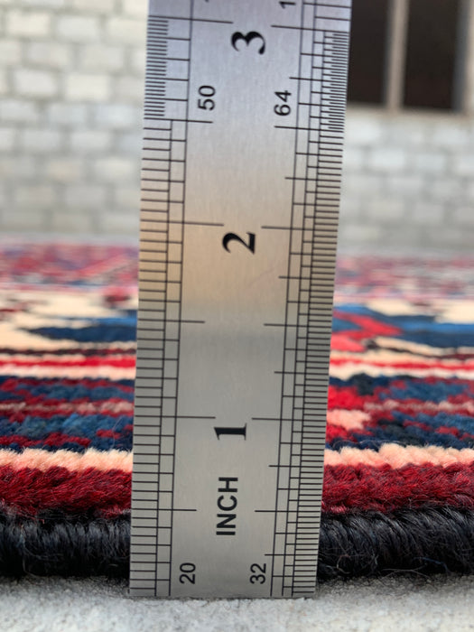 9'9" x 5'3" Handgeknoopt Perzisch wollen tapijt – Ivoor, marineblauw & rood geometrisch paneelontwerp – KBHM-822