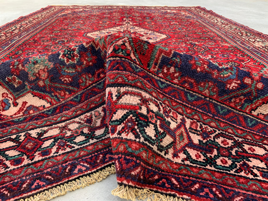 Handgemaakt Perzisch wollen vloerkleed 7x10 - Rood Perzisch tapijt met diamantmedaillon en marineblauwe accenten - Exacte afmeting 9'10" x 6'7" - KBHM-827