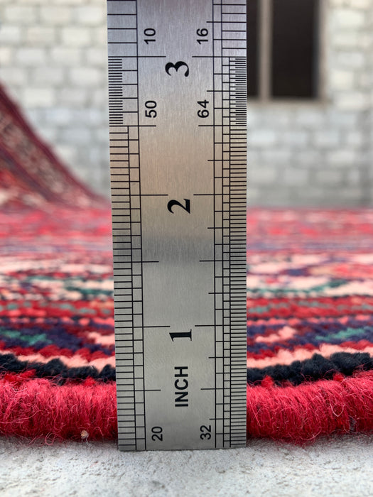 Handgemaakt Perzisch wollen vloerkleed 7x10 - Rood Perzisch tapijt met diamantmedaillon en marineblauwe accenten - Exacte afmeting 9'10" x 6'7" - KBHM-827