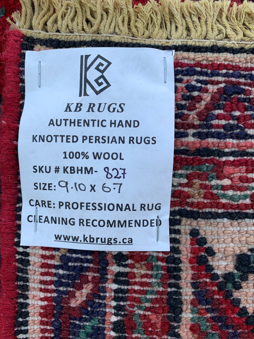 Handgemaakt Perzisch wollen vloerkleed 7x10 - Rood Perzisch tapijt met diamantmedaillon en marineblauwe accenten - Exacte afmeting 9'10" x 6'7" - KBHM-827