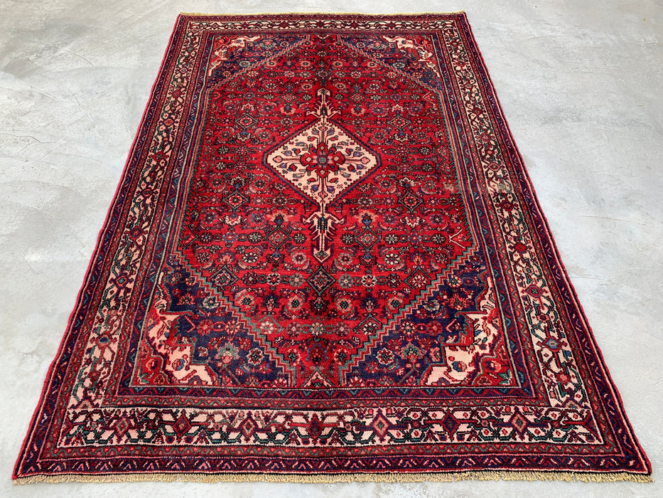 Handgemaakt Perzisch wollen vloerkleed 7x10 - Rood Perzisch tapijt met diamantmedaillon en marineblauwe accenten - Exacte afmeting 9'10" x 6'7" - KBHM-827
