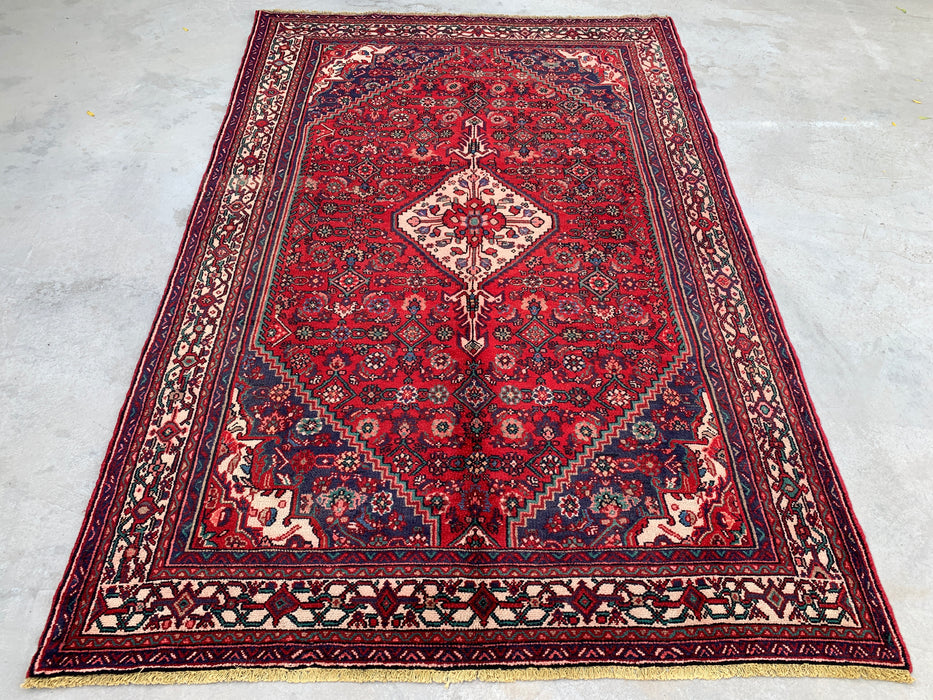 Handgemaakt Perzisch wollen vloerkleed 7x10 - Rood Perzisch tapijt met diamantmedaillon en marineblauwe accenten - Exacte afmeting 9'10" x 6'7" - KBHM-827