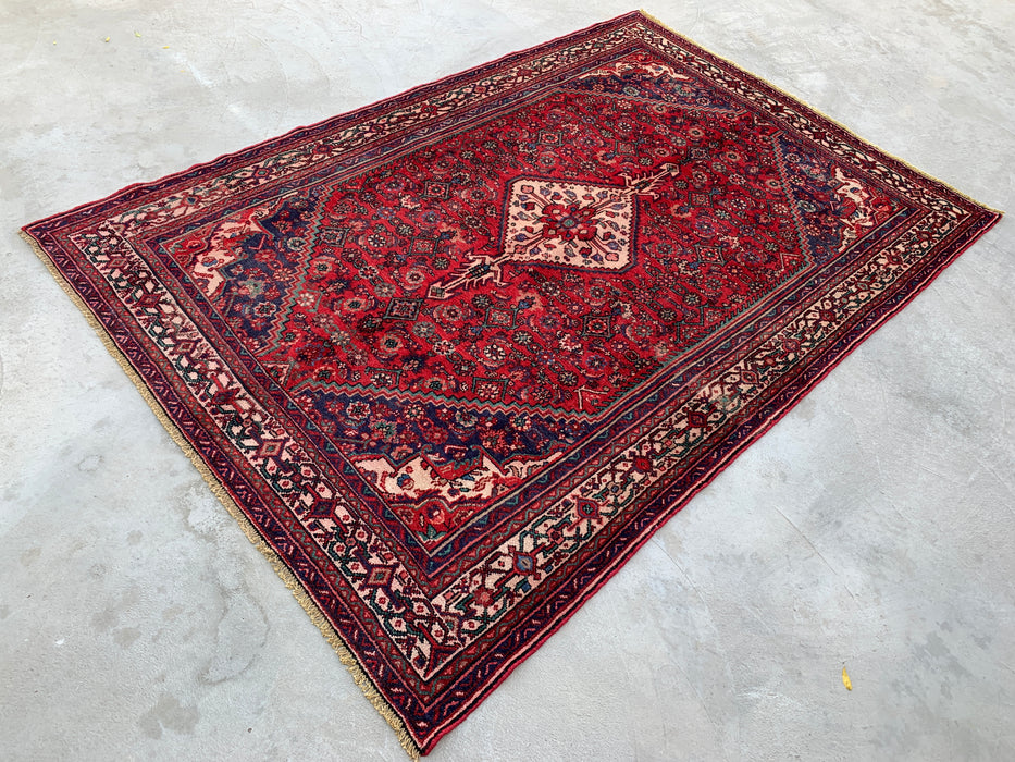 Handgemaakt Perzisch wollen vloerkleed 7x10 - Rood Perzisch tapijt met diamantmedaillon en marineblauwe accenten - Exacte afmeting 9'10" x 6'7" - KBHM-827