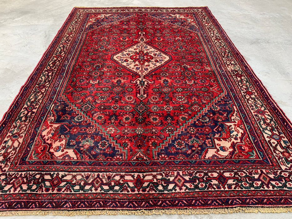 Handgemaakt Perzisch wollen vloerkleed 7x10 - Rood Perzisch tapijt met diamantmedaillon en marineblauwe accenten - Exacte afmeting 9'10" x 6'7" - KBHM-827