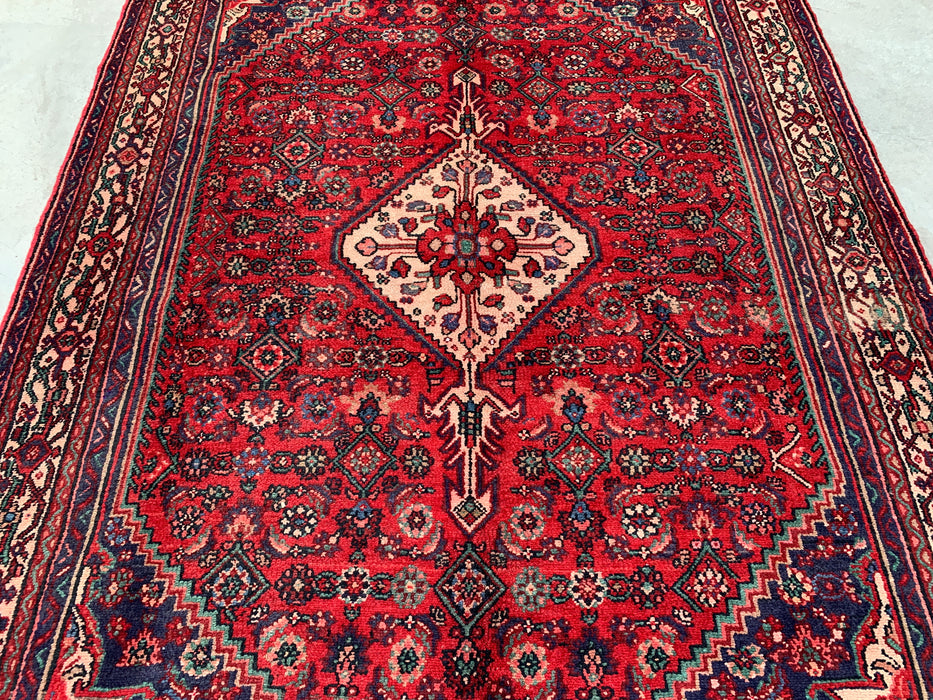 Handgemaakt Perzisch wollen vloerkleed 7x10 - Rood Perzisch tapijt met diamantmedaillon en marineblauwe accenten - Exacte afmeting 9'10" x 6'7" - KBHM-827