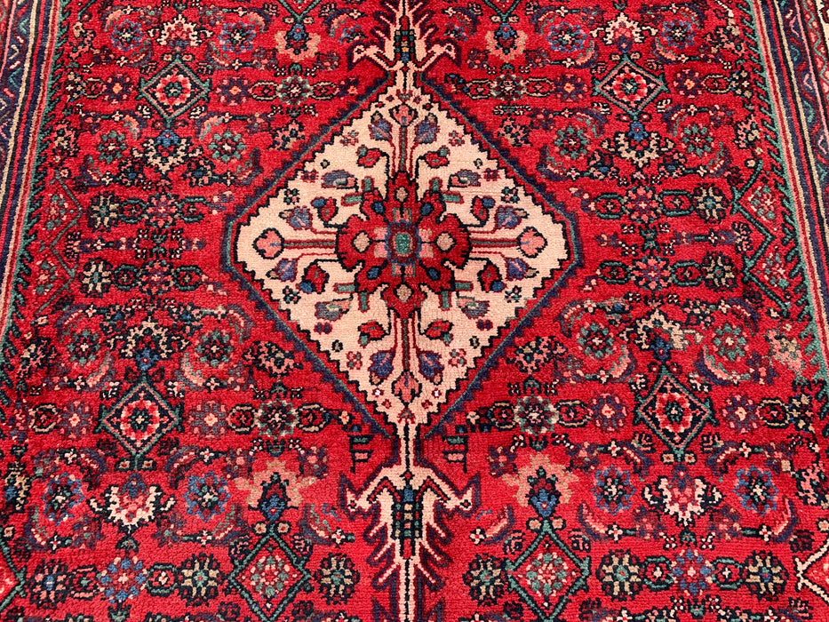 Handgemaakt Perzisch wollen vloerkleed 7x10 - Rood Perzisch tapijt met diamantmedaillon en marineblauwe accenten - Exacte afmeting 9'10" x 6'7" - KBHM-827