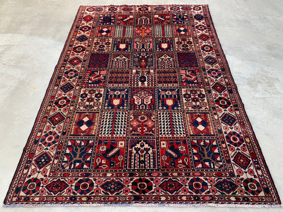 Handgemaakt Perzisch wollen vloerkleed 7x10 - Rood paneel Perzische stijl kleed met ivoorkleurige rand - Exacte afmetingen 10'3" x 7'0" - KBHM-832