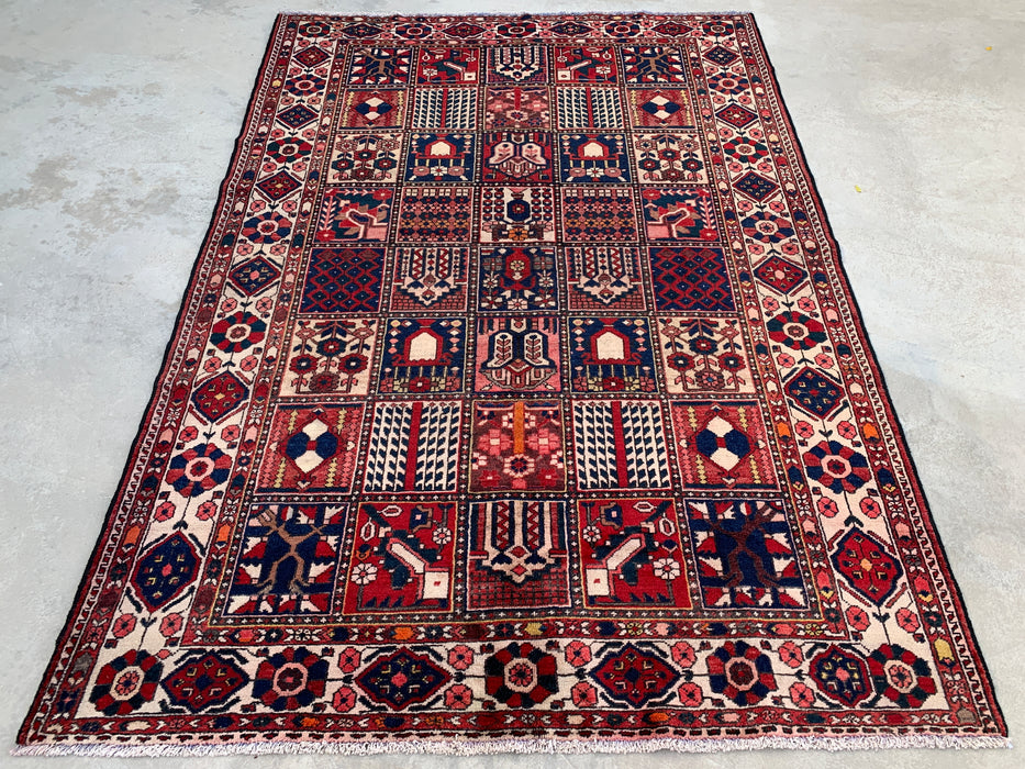 Handgemaakt Perzisch wollen vloerkleed 7x10 - Rood paneel Perzische stijl kleed met ivoorkleurige rand - Exacte afmetingen 10'3" x 7'0" - KBHM-832