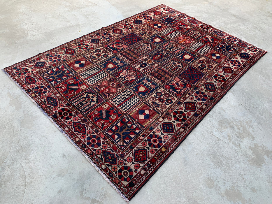 Handgemaakt Perzisch wollen vloerkleed 7x10 - Rood paneel Perzische stijl kleed met ivoorkleurige rand - Exacte afmetingen 10'3" x 7'0" - KBHM-832