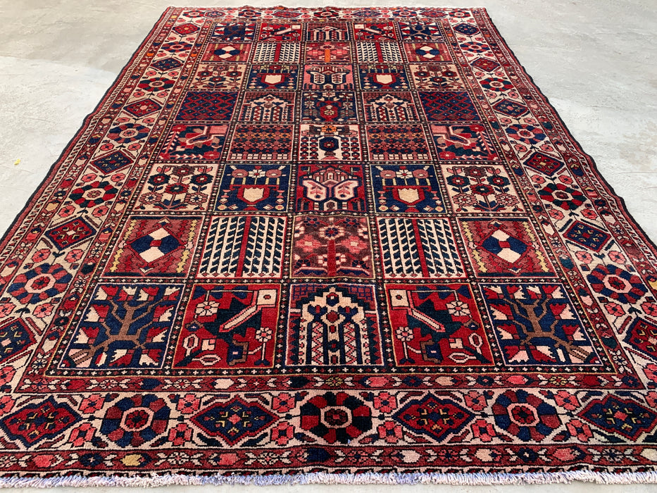 Handgemaakt Perzisch wollen vloerkleed 7x10 - Rood paneel Perzische stijl kleed met ivoorkleurige rand - Exacte afmetingen 10'3" x 7'0" - KBHM-832