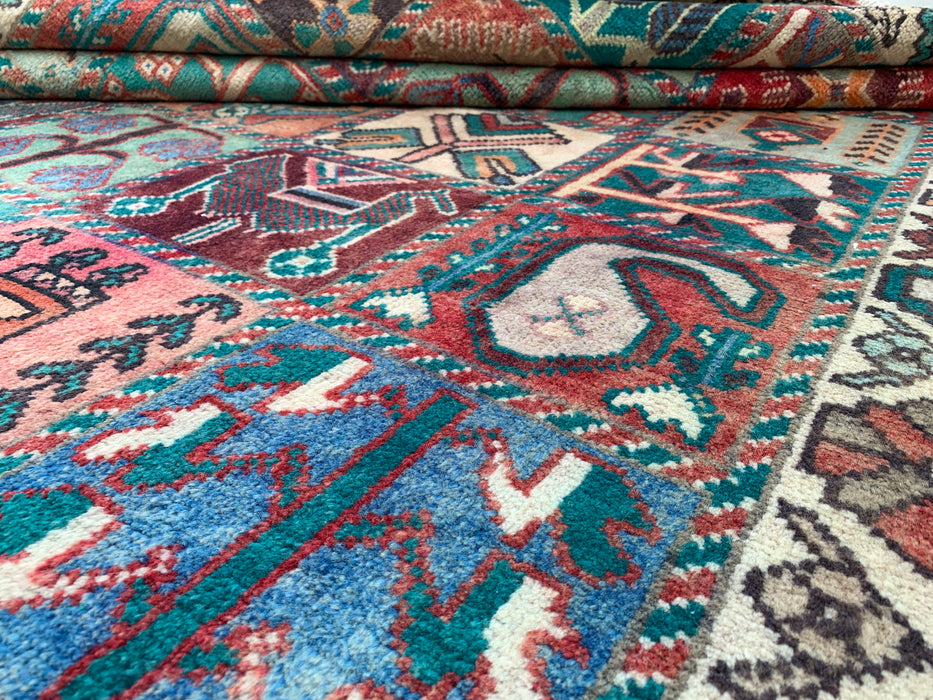 Handmade Persian Wool Area Rug 7x10 - Ivory Panel Persian Style Rug with Turquoise & Rust Accents - Exact Size 9'4" x 5'9" - KBHM-833