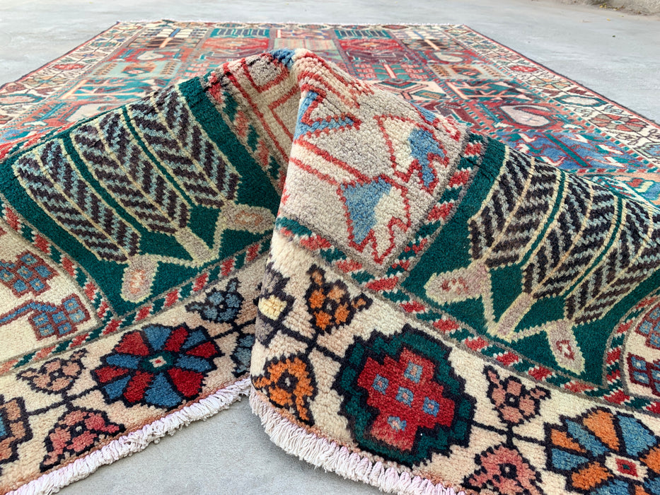 Handmade Persian Wool Area Rug 7x10 - Ivory Panel Persian Style Rug with Turquoise & Rust Accents - Exact Size 9'4" x 5'9" - KBHM-833