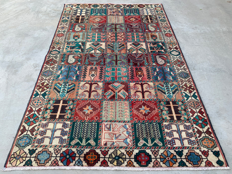 Handmade Persian Wool Area Rug 7x10 - Ivory Panel Persian Style Rug with Turquoise & Rust Accents - Exact Size 9'4" x 5'9" - KBHM-833