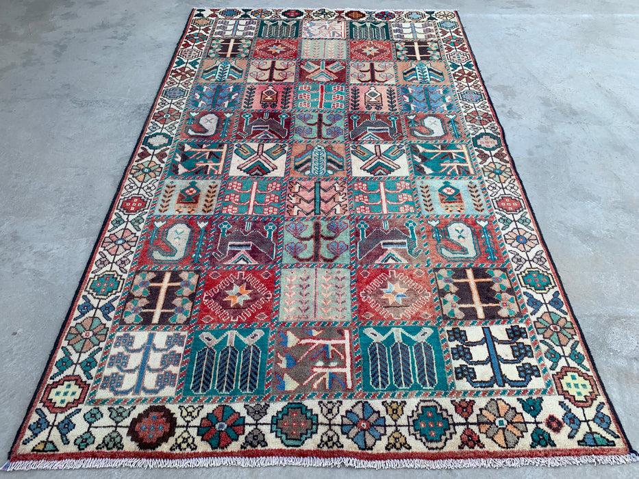 Handmade Persian Wool Area Rug 7x10 - Ivory Panel Persian Style Rug with Turquoise & Rust Accents - Exact Size 9'4" x 5'9" - KBHM-833