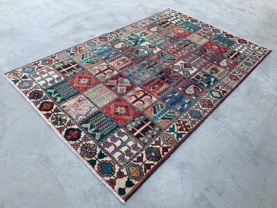 Handmade Persian Wool Area Rug 7x10 - Ivory Panel Persian Style Rug with Turquoise & Rust Accents - Exact Size 9'4" x 5'9" - KBHM-833