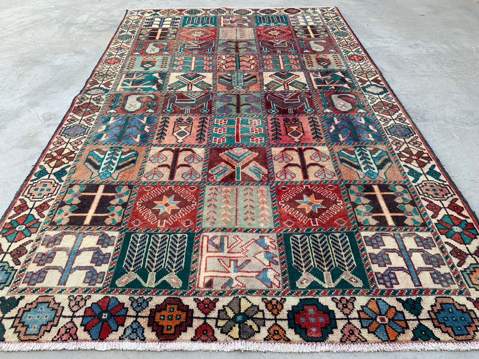 Handmade Persian Wool Area Rug 7x10 - Ivory Panel Persian Style Rug with Turquoise & Rust Accents - Exact Size 9'4" x 5'9" - KBHM-833