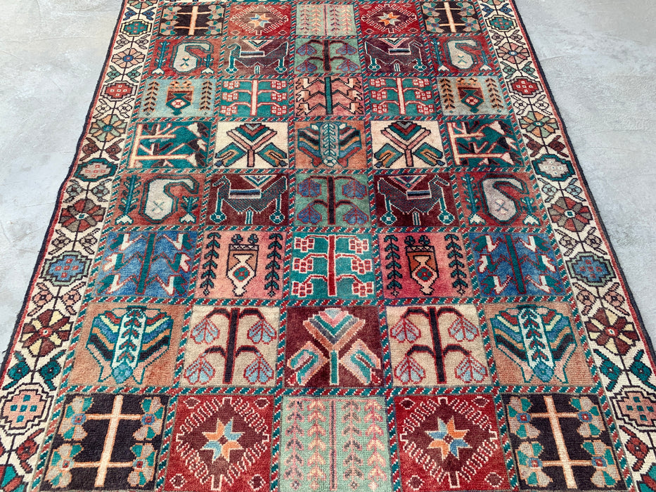 Handmade Persian Wool Area Rug 7x10 - Ivory Panel Persian Style Rug with Turquoise & Rust Accents - Exact Size 9'4" x 5'9" - KBHM-833