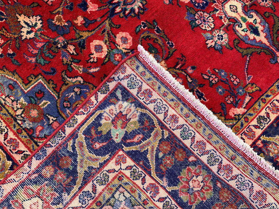 Handgemaakt Perzisch wollen vloerkleed 213x305 cm - Rood bloemenmedaillon Perzisch stijl kleed met marineblauwe rand - Exacte afmeting 345 cm x 193 cm - KBHM-834