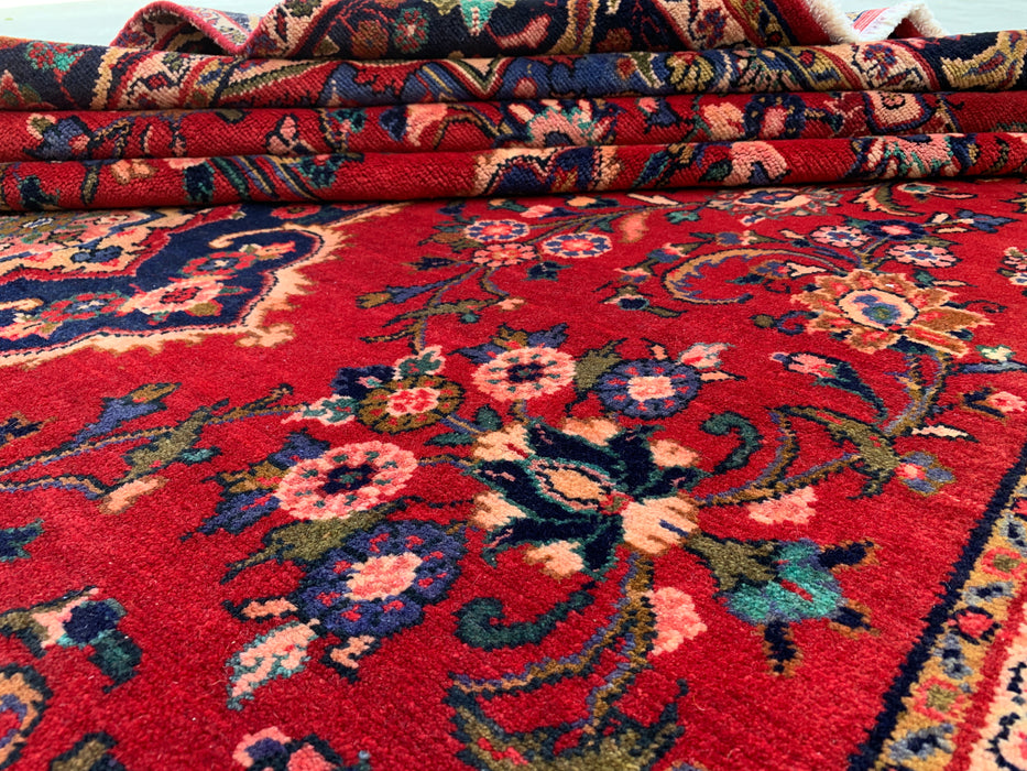 Handgemaakt Perzisch wollen vloerkleed 213x305 cm - Rood bloemenmedaillon Perzisch stijl kleed met marineblauwe rand - Exacte afmeting 345 cm x 193 cm - KBHM-834