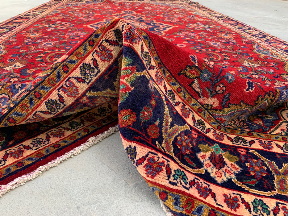 Handgemaakt Perzisch wollen vloerkleed 213x305 cm - Rood bloemenmedaillon Perzisch stijl kleed met marineblauwe rand - Exacte afmeting 345 cm x 193 cm - KBHM-834