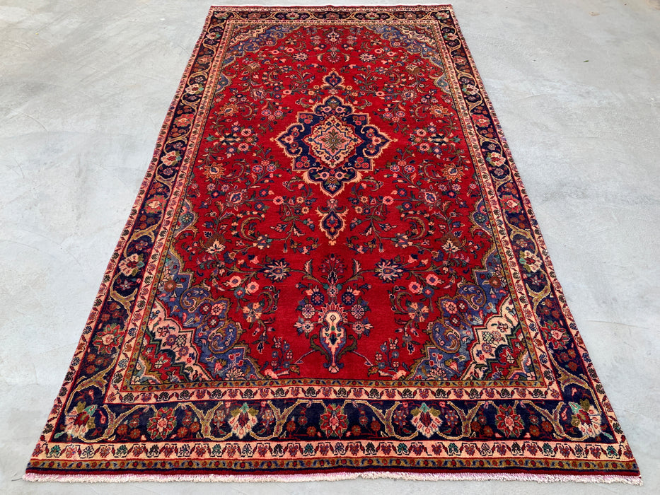 Handgemaakt Perzisch wollen vloerkleed 213x305 cm - Rood bloemenmedaillon Perzisch stijl kleed met marineblauwe rand - Exacte afmeting 345 cm x 193 cm - KBHM-834