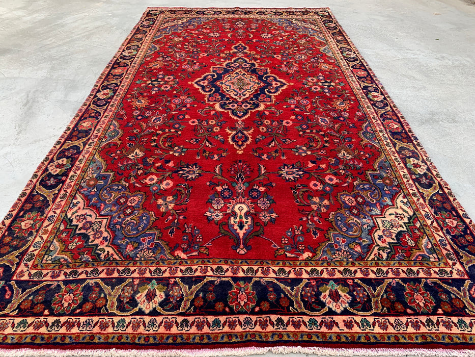 Handgemaakt Perzisch wollen vloerkleed 213x305 cm - Rood bloemenmedaillon Perzisch stijl kleed met marineblauwe rand - Exacte afmeting 345 cm x 193 cm - KBHM-834