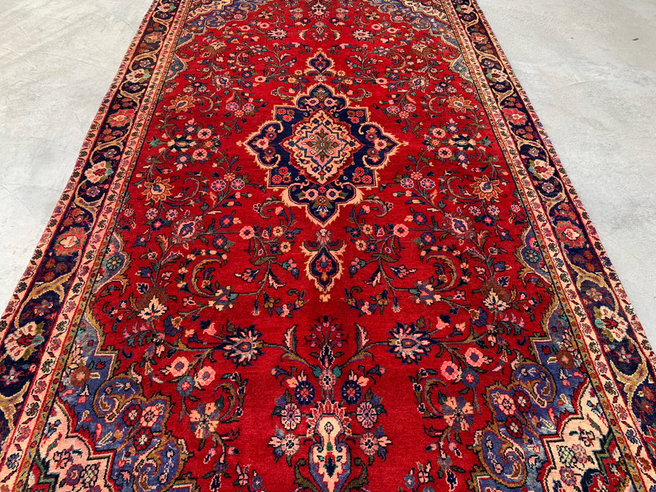 Handgemaakt Perzisch wollen vloerkleed 213x305 cm - Rood bloemenmedaillon Perzisch stijl kleed met marineblauwe rand - Exacte afmeting 345 cm x 193 cm - KBHM-834