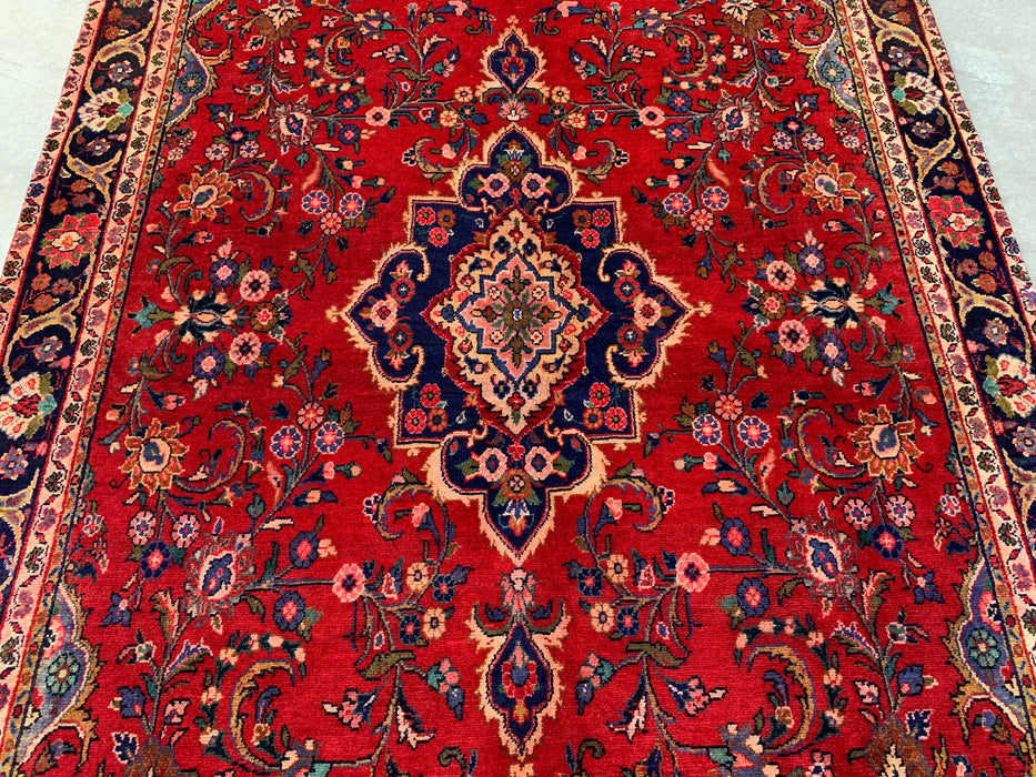 Handgemaakt Perzisch wollen vloerkleed 213x305 cm - Rood bloemenmedaillon Perzisch stijl kleed met marineblauwe rand - Exacte afmeting 345 cm x 193 cm - KBHM-834