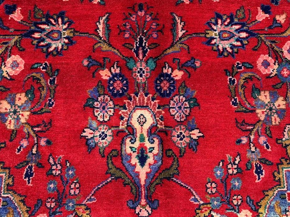 Handgemaakt Perzisch wollen vloerkleed 213x305 cm - Rood bloemenmedaillon Perzisch stijl kleed met marineblauwe rand - Exacte afmeting 345 cm x 193 cm - KBHM-834