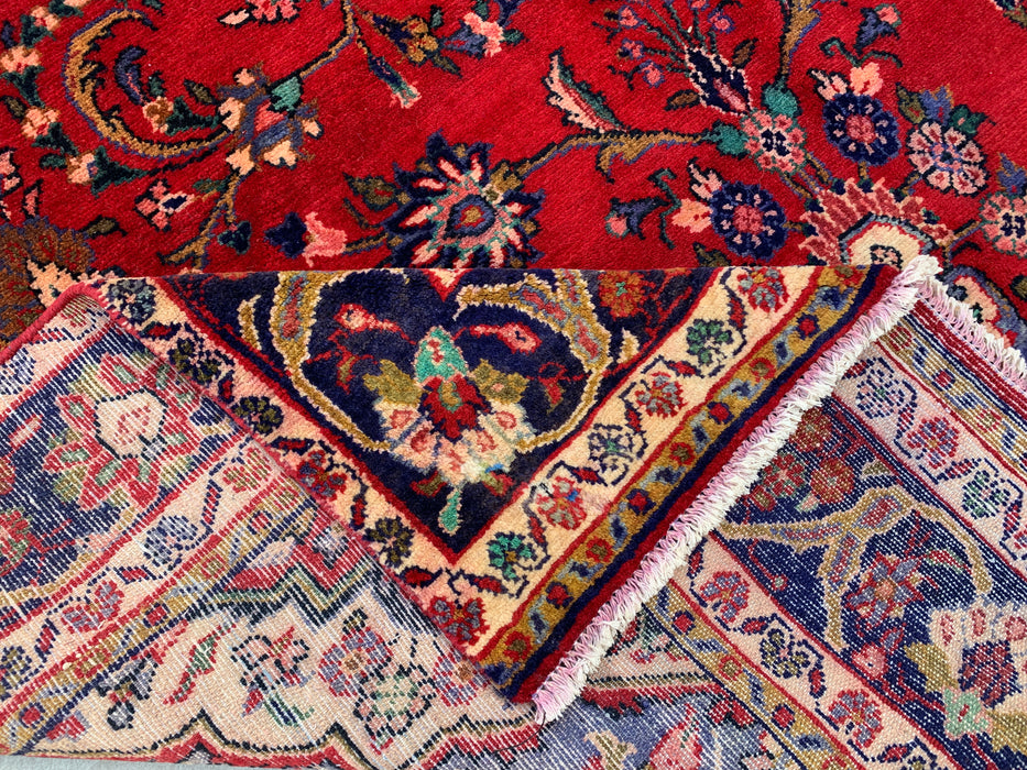 Handgemaakt Perzisch wollen vloerkleed 213x305 cm - Rood bloemenmedaillon Perzisch stijl kleed met marineblauwe rand - Exacte afmeting 345 cm x 193 cm - KBHM-834