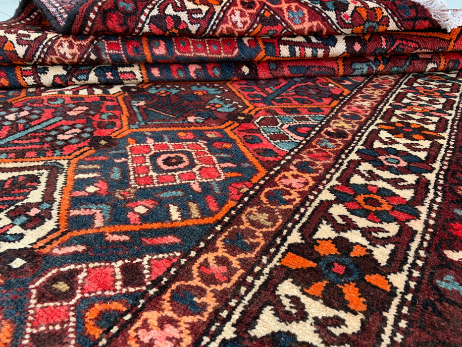 Handgemaakt Perzisch wollen vloerkleed 7x10 - Rood geometrisch tribaal Perzisch stijl kleed met ivoorkleurige rand - Exacte afmeting 9'10" x 5'3" - KBHM-835