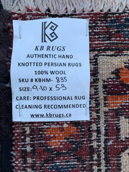 Handgemaakt Perzisch wollen vloerkleed 7x10 - Rood geometrisch tribaal Perzisch stijl kleed met ivoorkleurige rand - Exacte afmeting 9'10" x 5'3" - KBHM-835