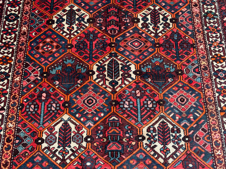Handgemaakt Perzisch wollen vloerkleed 7x10 - Rood geometrisch tribaal Perzisch stijl kleed met ivoorkleurige rand - Exacte afmeting 9'10" x 5'3" - KBHM-835