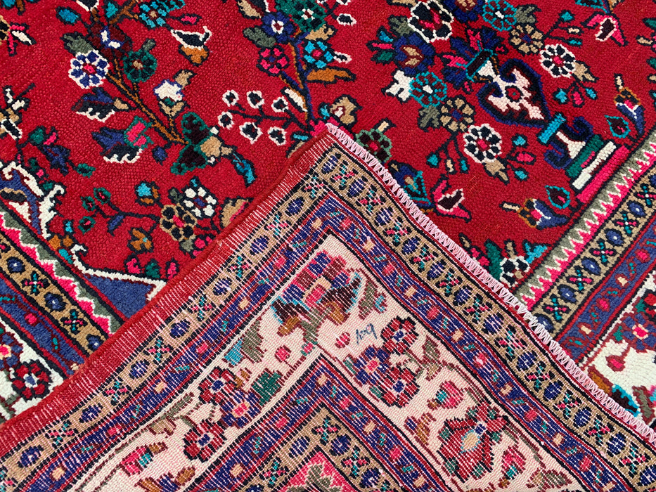 Handgemaakt Perzisch wollen vloerkleed 7x10 - Rood Perzisch tapijt met bloemenmedaillon en ivoorkleurige rand - Exacte afmeting 10'1" x 6'11" - KBHM-836