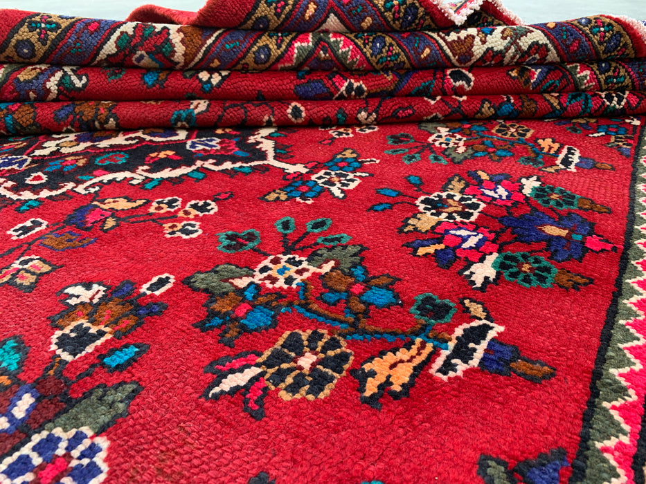 Handgemaakt Perzisch wollen vloerkleed 7x10 - Rood Perzisch tapijt met bloemenmedaillon en ivoorkleurige rand - Exacte afmeting 10'1" x 6'11" - KBHM-836