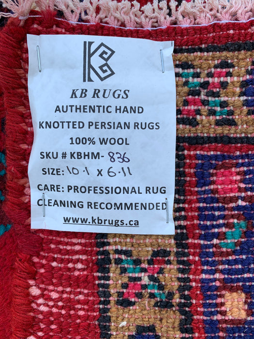 Handgemaakt Perzisch wollen vloerkleed 7x10 - Rood Perzisch tapijt met bloemenmedaillon en ivoorkleurige rand - Exacte afmeting 10'1" x 6'11" - KBHM-836
