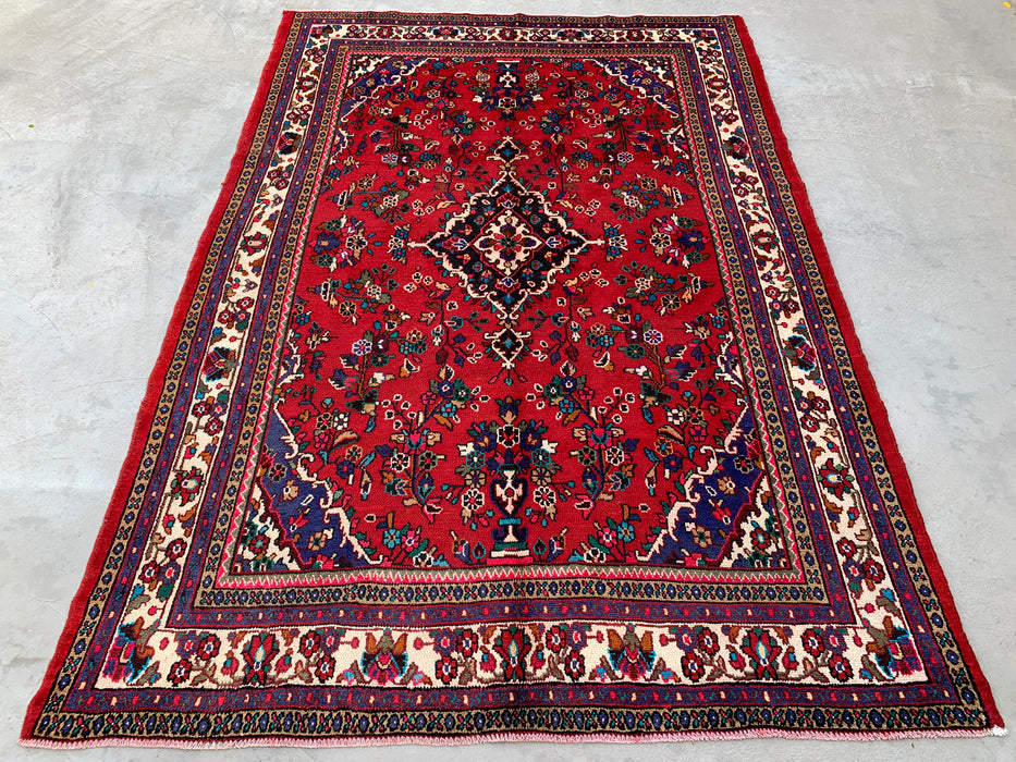 Handgemaakt Perzisch wollen vloerkleed 7x10 - Rood Perzisch tapijt met bloemenmedaillon en ivoorkleurige rand - Exacte afmeting 10'1" x 6'11" - KBHM-836