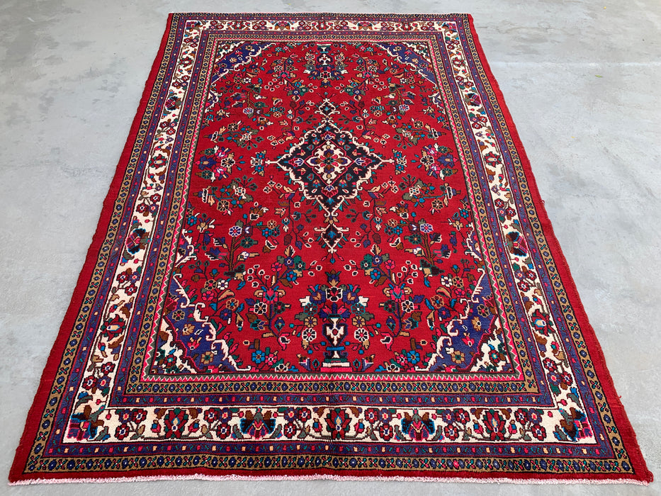 Handgemaakt Perzisch wollen vloerkleed 7x10 - Rood Perzisch tapijt met bloemenmedaillon en ivoorkleurige rand - Exacte afmeting 10'1" x 6'11" - KBHM-836