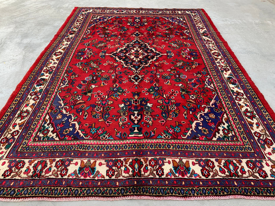 Handgemaakt Perzisch wollen vloerkleed 7x10 - Rood Perzisch tapijt met bloemenmedaillon en ivoorkleurige rand - Exacte afmeting 10'1" x 6'11" - KBHM-836