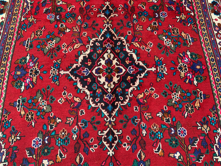 Handgemaakt Perzisch wollen vloerkleed 7x10 - Rood Perzisch tapijt met bloemenmedaillon en ivoorkleurige rand - Exacte afmeting 10'1" x 6'11" - KBHM-836
