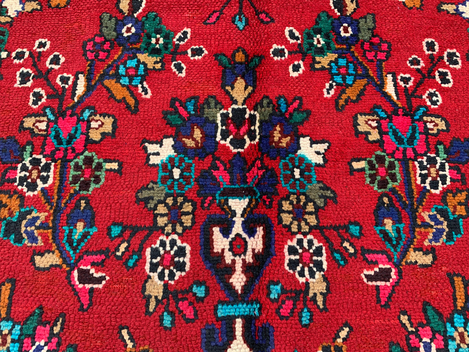 Handgemaakt Perzisch wollen vloerkleed 7x10 - Rood Perzisch tapijt met bloemenmedaillon en ivoorkleurige rand - Exacte afmeting 10'1" x 6'11" - KBHM-836