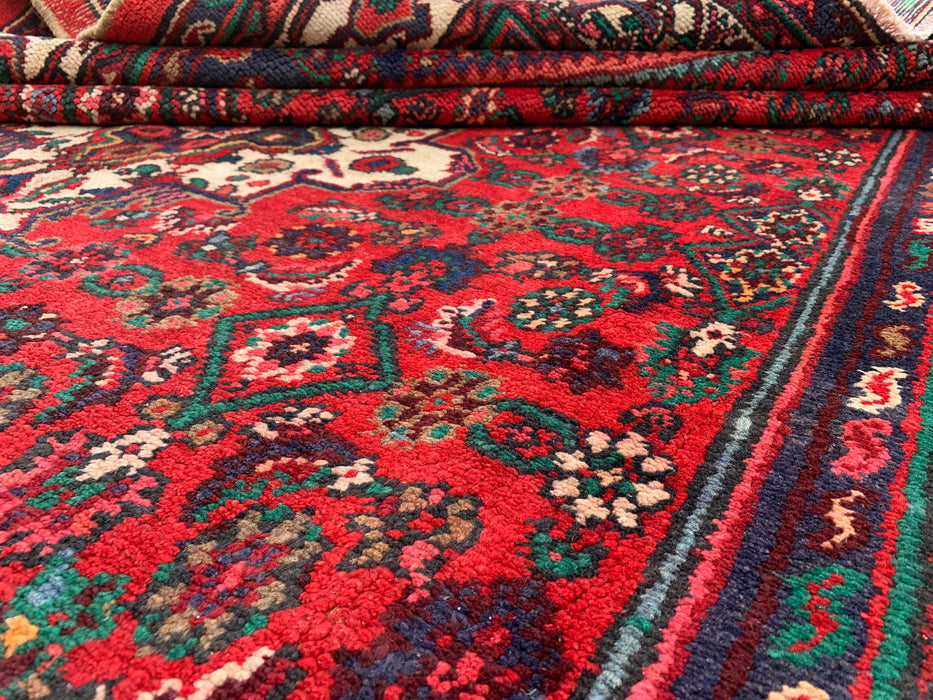Handgemaakt Perzisch wollen vloerkleed 7x10 - Rood Perzisch tapijt met medaillon en ivoorkleurige rand - Exacte afmeting 10'5" x 7'0" - KBHM-838