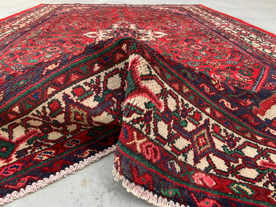 Handgemaakt Perzisch wollen vloerkleed 7x10 - Rood Perzisch tapijt met medaillon en ivoorkleurige rand - Exacte afmeting 10'5" x 7'0" - KBHM-838