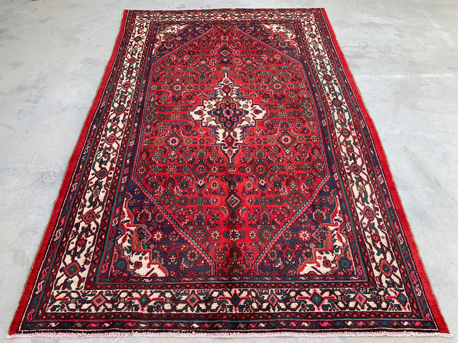 Handgemaakt Perzisch wollen vloerkleed 7x10 - Rood Perzisch tapijt met medaillon en ivoorkleurige rand - Exacte afmeting 10'5" x 7'0" - KBHM-838