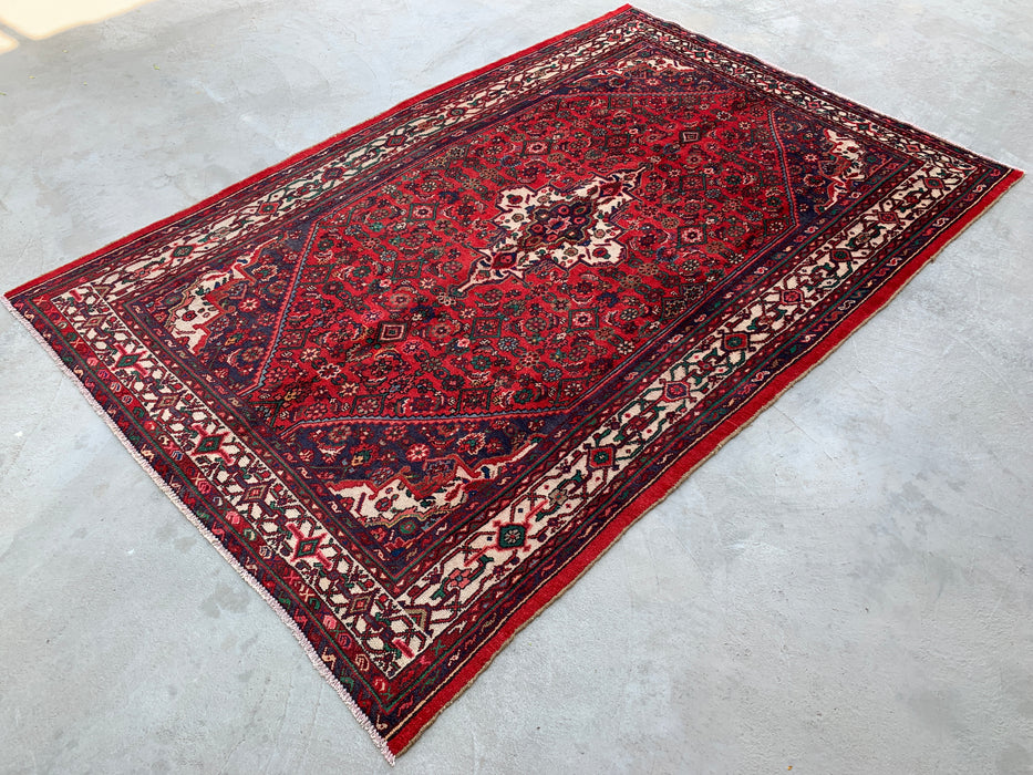 Handgemaakt Perzisch wollen vloerkleed 7x10 - Rood Perzisch tapijt met medaillon en ivoorkleurige rand - Exacte afmeting 10'5" x 7'0" - KBHM-838