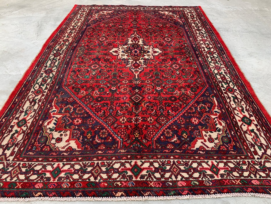 Handgemaakt Perzisch wollen vloerkleed 7x10 - Rood Perzisch tapijt met medaillon en ivoorkleurige rand - Exacte afmeting 10'5" x 7'0" - KBHM-838
