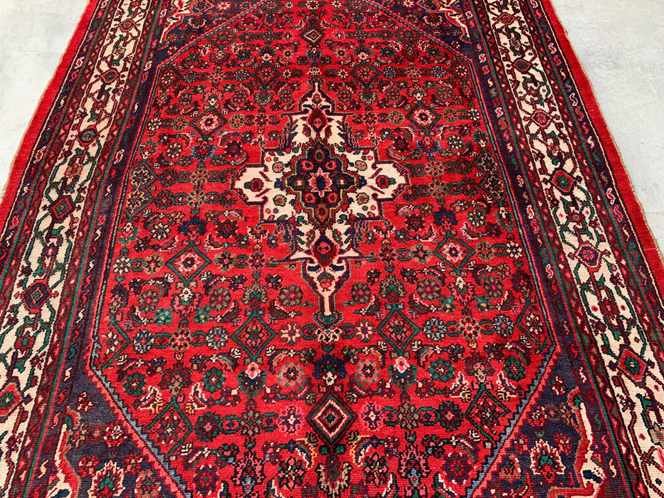 Handgemaakt Perzisch wollen vloerkleed 7x10 - Rood Perzisch tapijt met medaillon en ivoorkleurige rand - Exacte afmeting 10'5" x 7'0" - KBHM-838