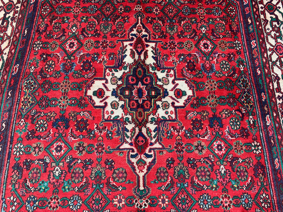Handgemaakt Perzisch wollen vloerkleed 7x10 - Rood Perzisch tapijt met medaillon en ivoorkleurige rand - Exacte afmeting 10'5" x 7'0" - KBHM-838